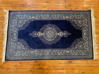 Elegant Turkish Blue Medallion Silk Rug 2’11”x5”
