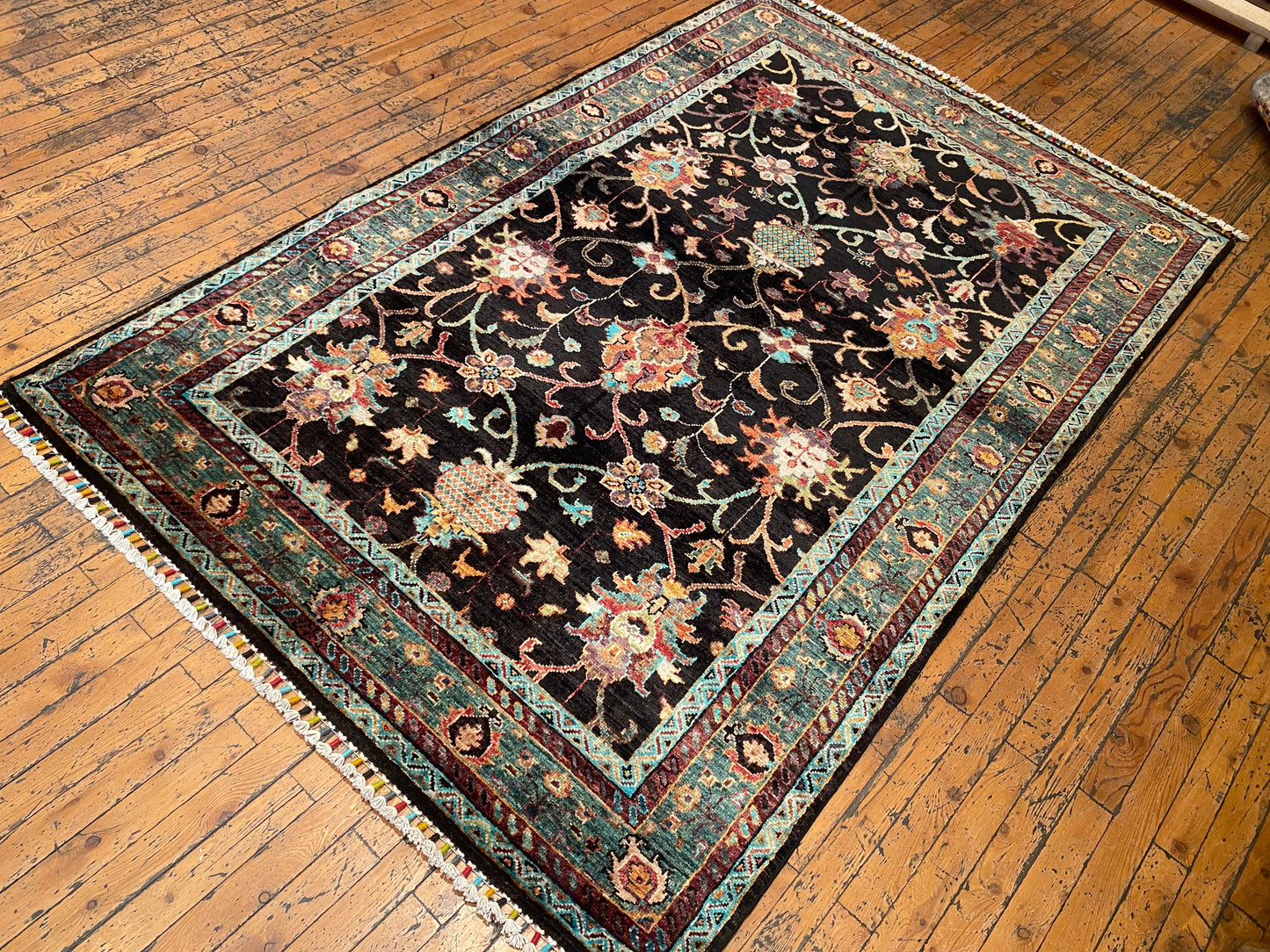 Black and Green Floral Handmade Rug 4x6 ft | Wool Carpet Cappadocia Rug Collection