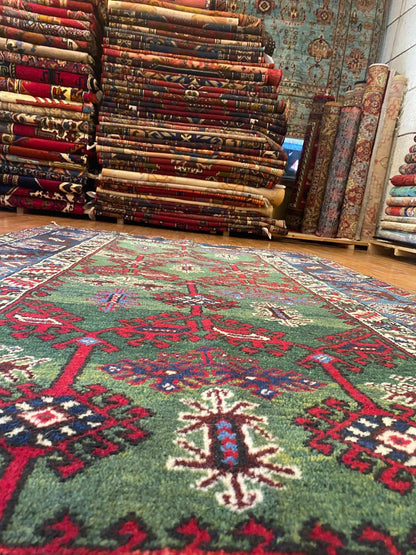 Geometric Pattern Turkish Dosemealti Handmade Green Bacground Area Carpet Cappadocia Rug Collection