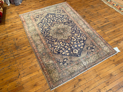 Elegant Vintage Cappadocia Style Handmade Rug – Navy Blue Floral Medallion Carpet 4x6ft