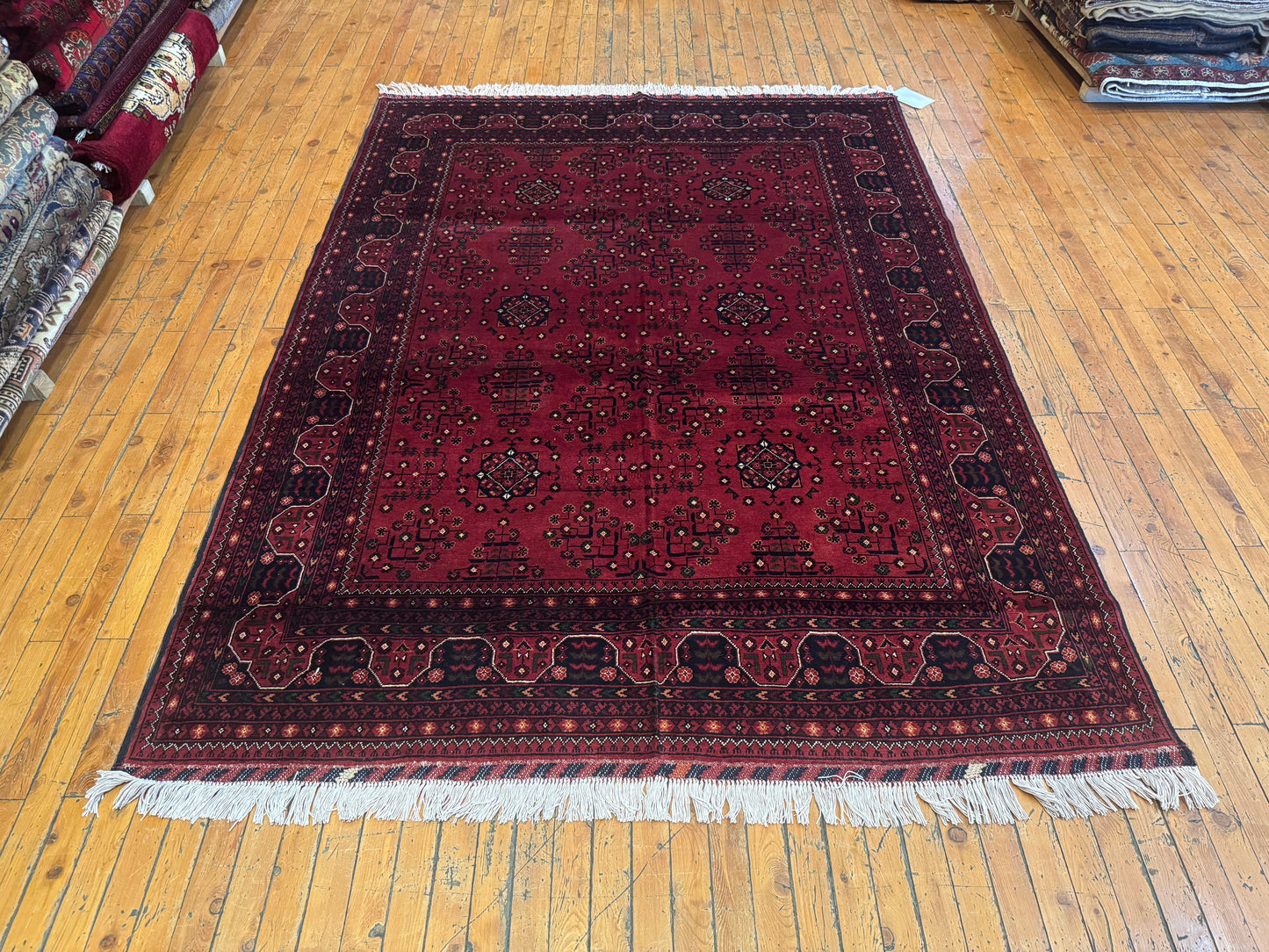 Authentic Deep Red Wool Rug – Handwoven, Geometric Design 5x7ft Cappadocia Rug Collection