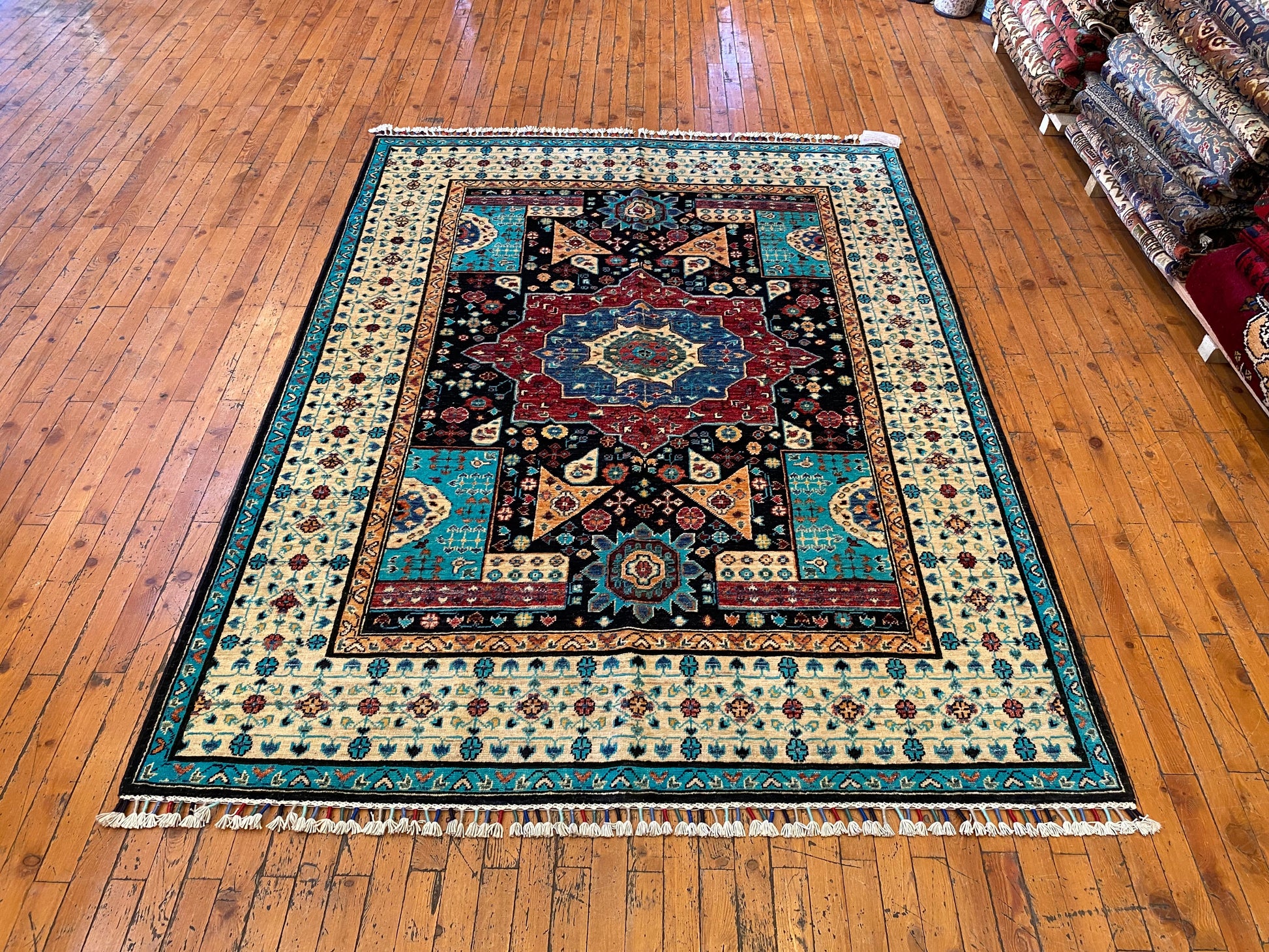 5x7ft Traditional Turquoise Saloon Carpet Cappadocia Rug Collection