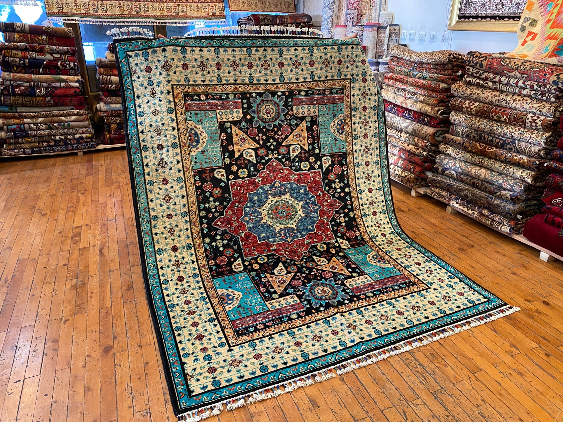 5x7ft Traditional Turquoise Saloon Carpet Cappadocia Rug Collection