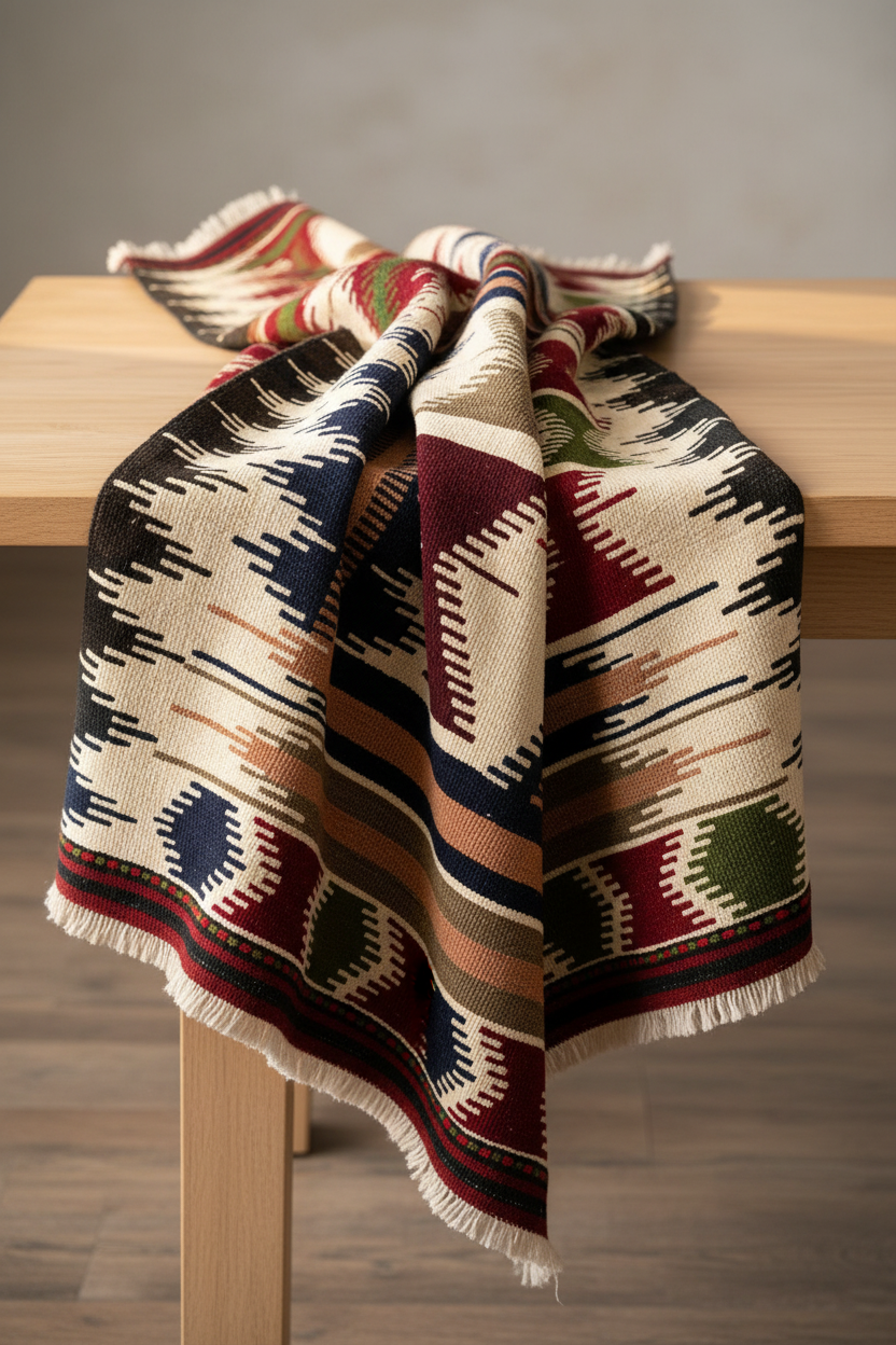 Anatolia Geometric Design Kilim Rug - Draped on Table