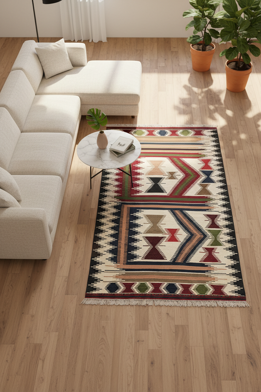 Anatolia Geometric Design Kilim Rug - Living Room Bird's Eye View