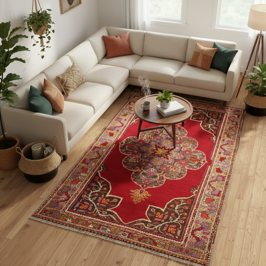 Anatolian Red Turkish Kilim Rug - Living Room Bird's Eye View