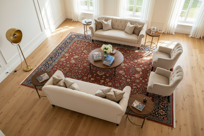 Antique Hereke Rug in Living Room - Bird's Eye View