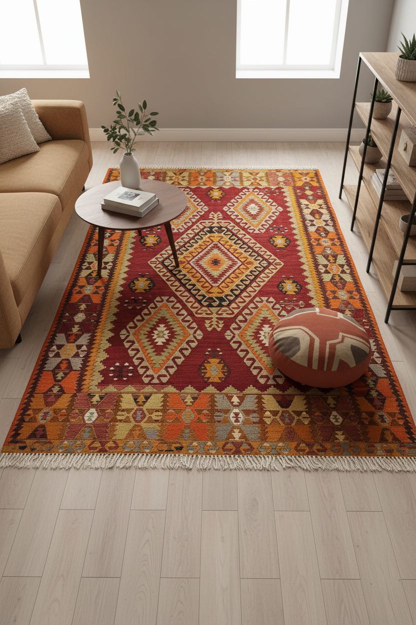 Antique Nomad Kilim Rug - Oturma Odası Kuşbakışı
