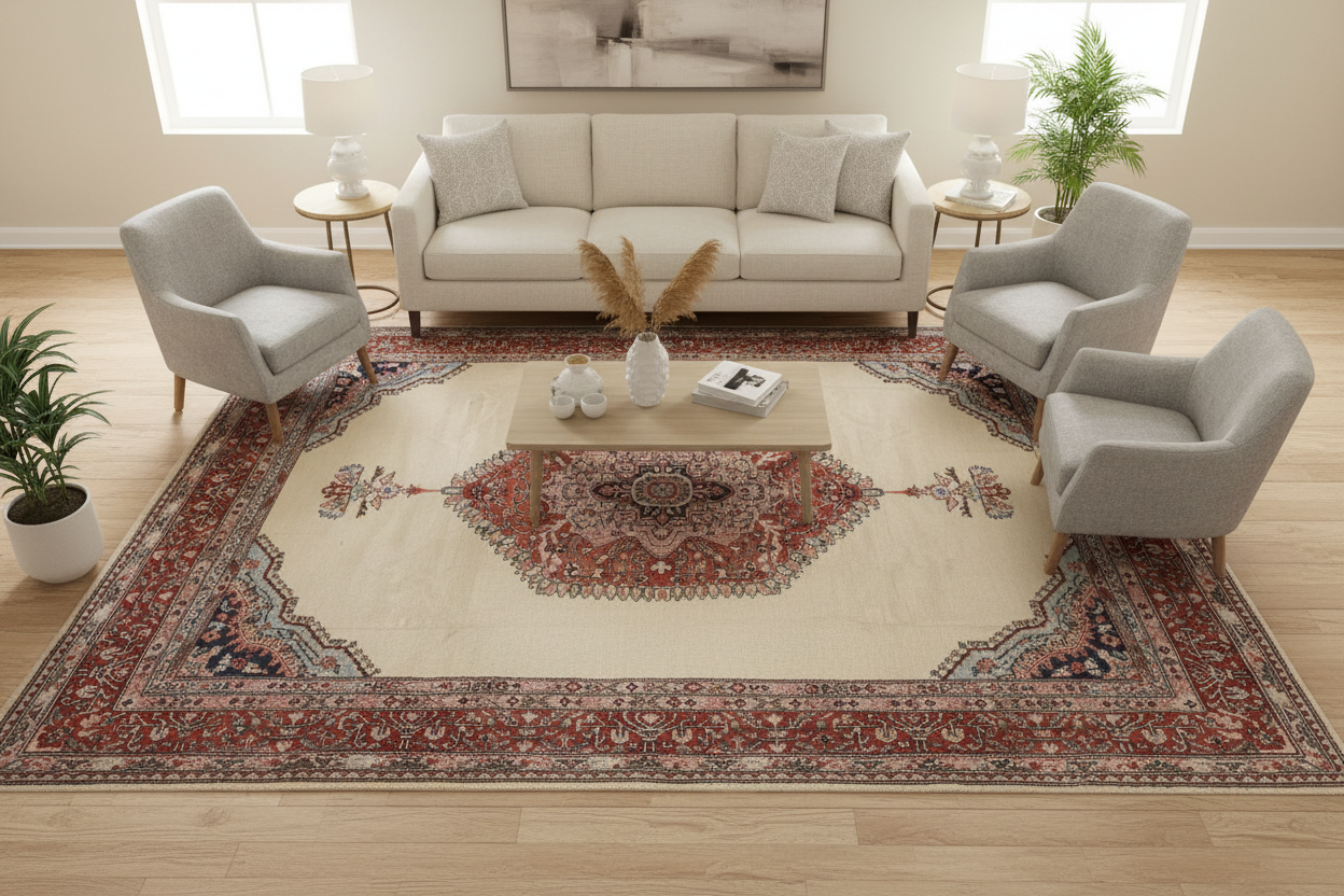 Beige Anatolian Kilim Rug - Living Room Bird's Eye View