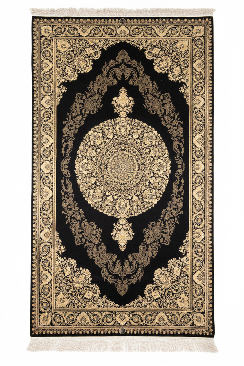 Black Medallion Turkish Silk Carpet - 3 feet×5 feet yakın çekim beyaz arka plan
