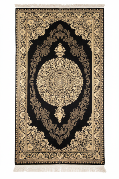 Black Medallion Turkish Silk Carpet - 3 feet×5 feet yakın çekim beyaz arka plan