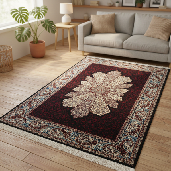 Black Red Medallion ipek halı - yukarıdan açı