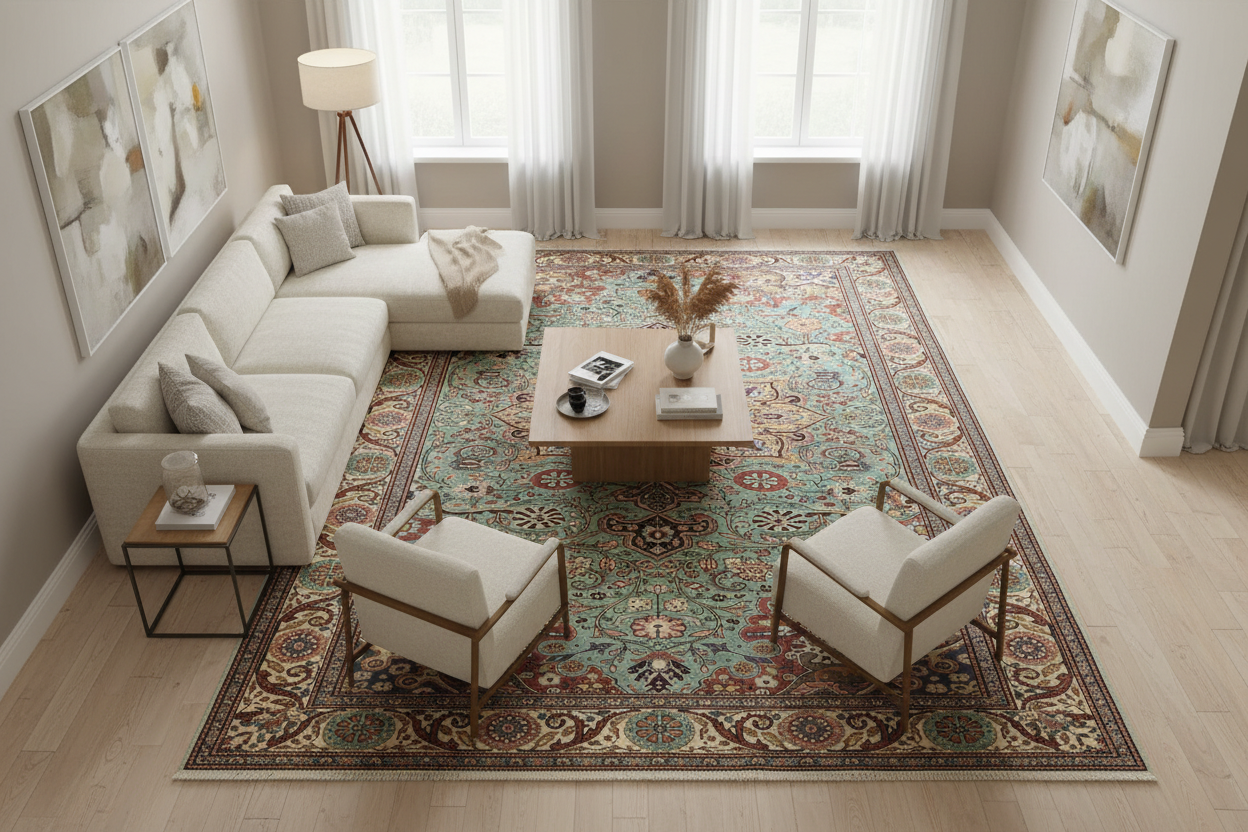 Cappadocia Medallion Rug – Living Room Bird's Eye View