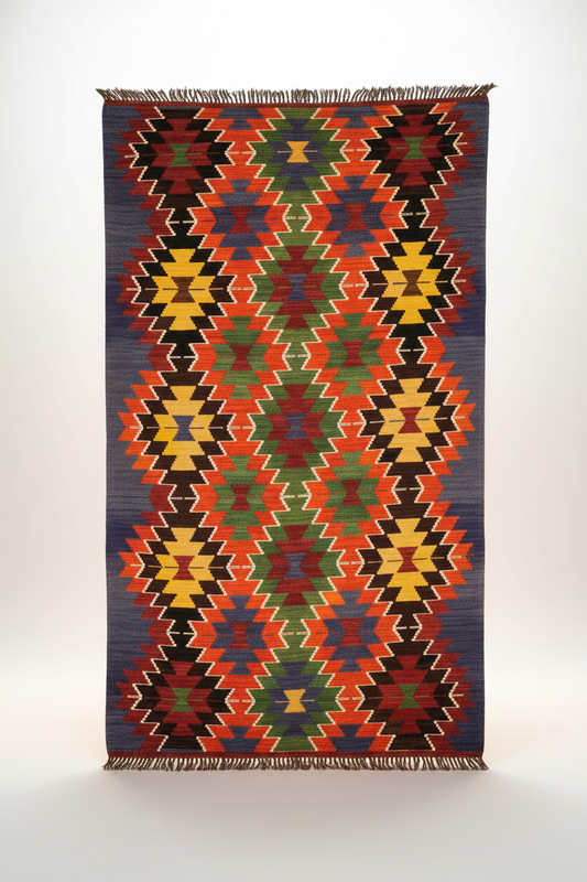 Colorful Geometric Kilim Rug – Hanging on White Background