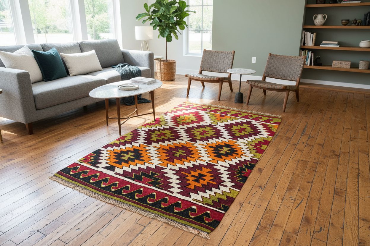 Colorful Wool Turkish Anatolian Kilim 3x4'2" in living room