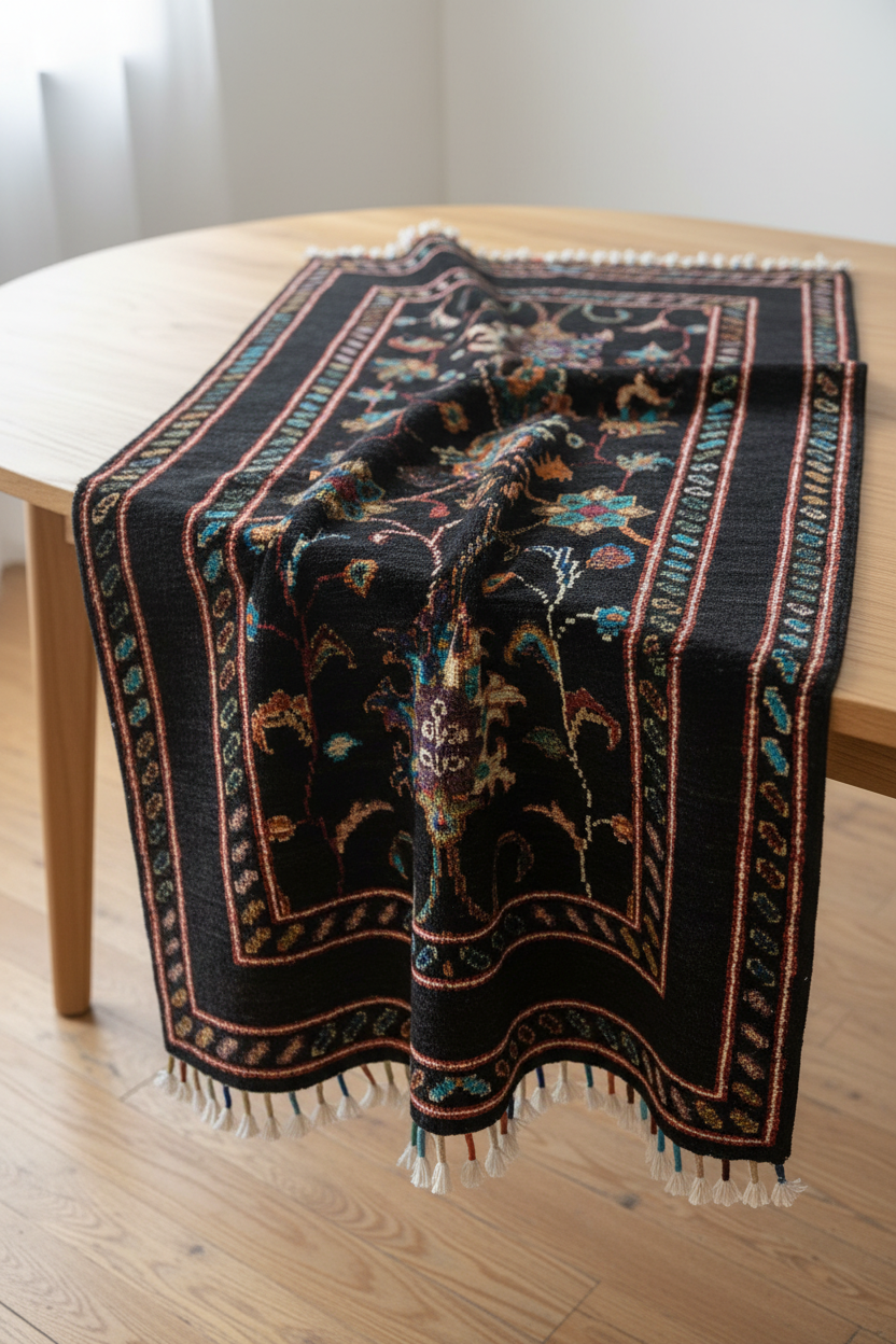 Floral blackbackground rug - Draped on table