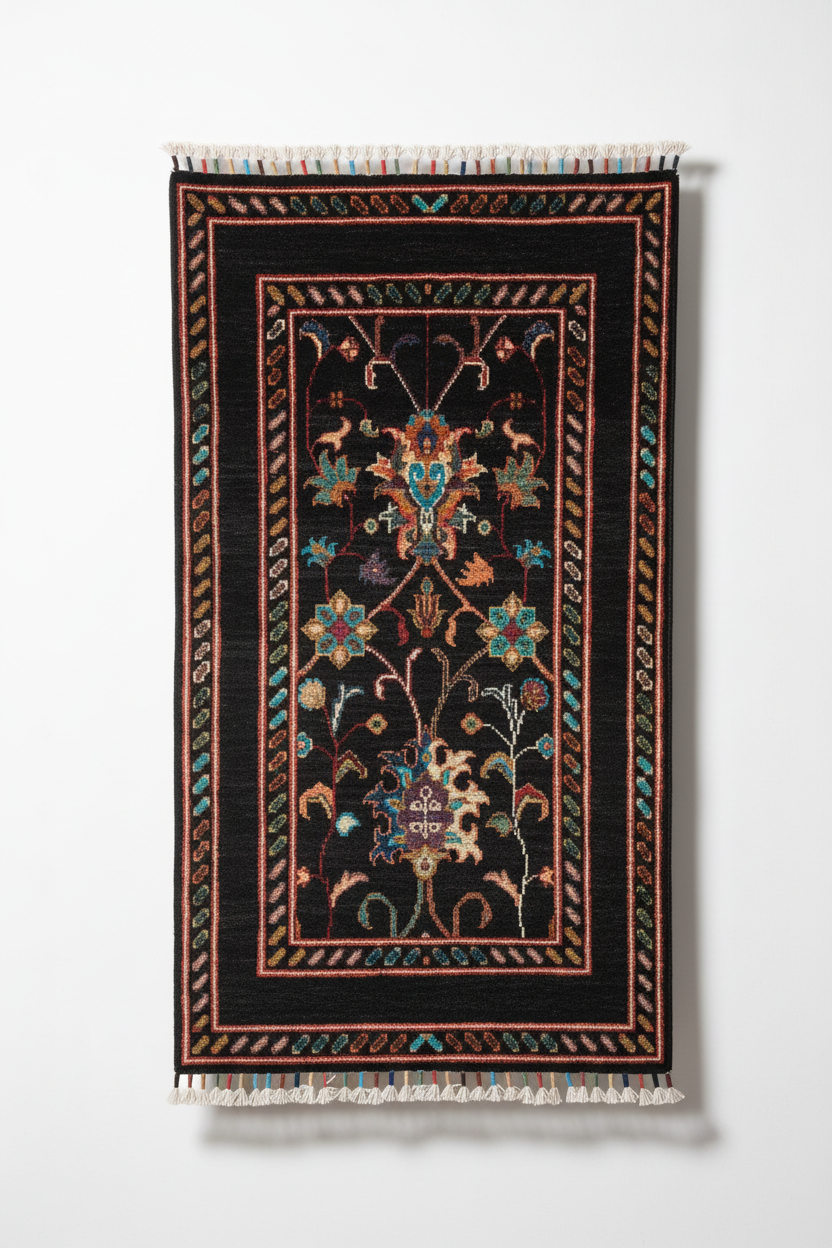 Floral blackbackground rug - White background with shadows