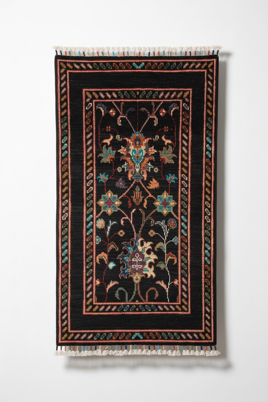 Floral blackbackground rug - White background with shadows
