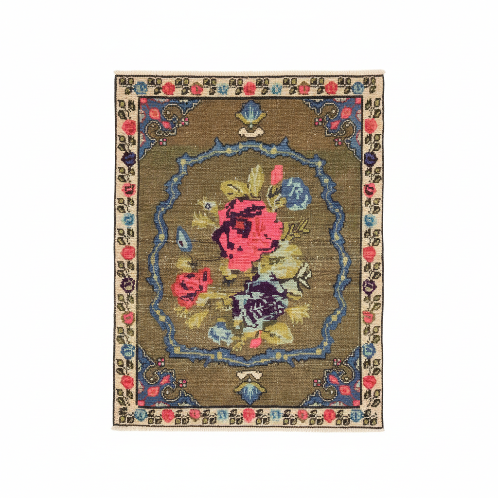 Floral Turkish Handmade Carpet - 3 feet×4 feet yakın çekim beyaz arka plan