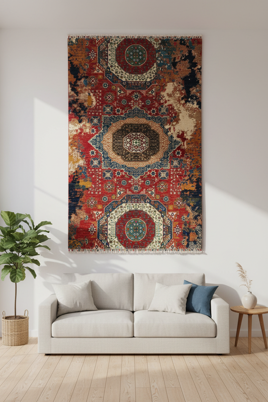 Geometric Rug Hanging on Wall in Living Room
