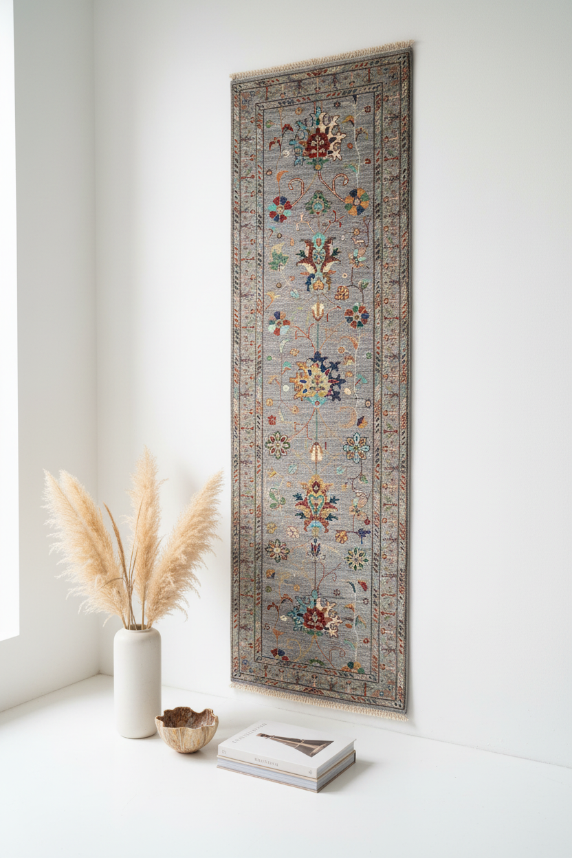 Gray Floral Runner Rug - Centered with Decor