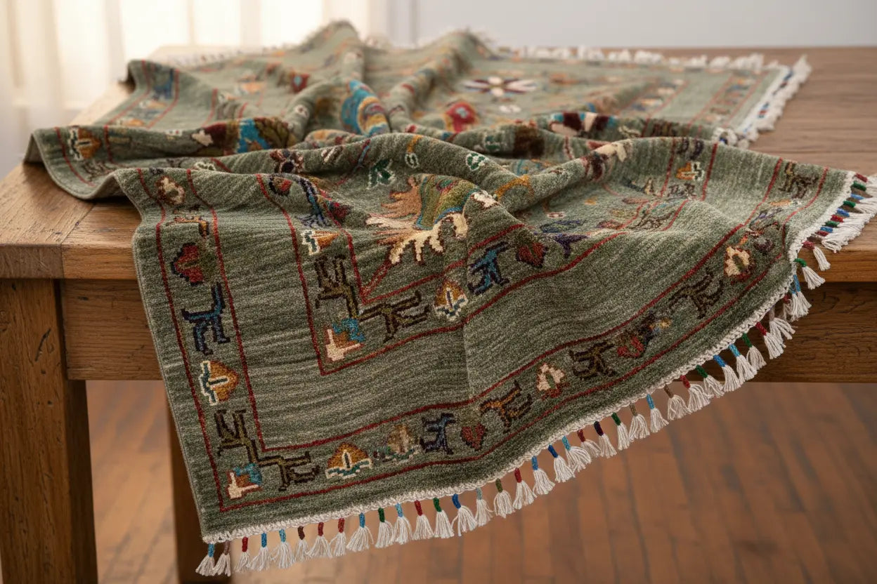 Green Floral Oushak Rug Draped on Table