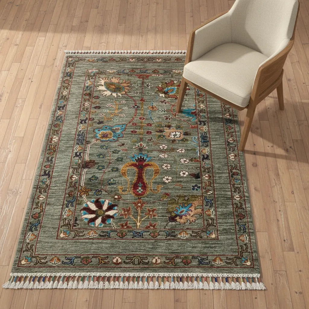 Green Floral Oushak Rug with Armchair