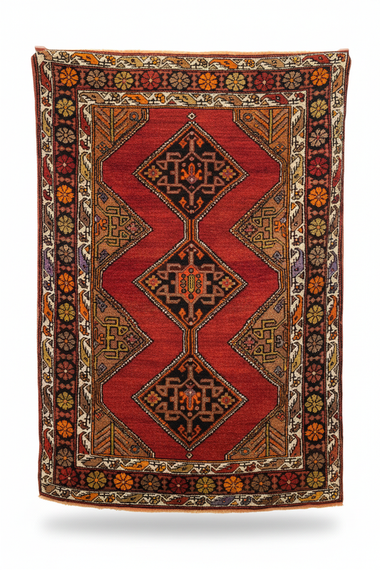 Handwoven Red Wool Rug – Original Preserved, White Background