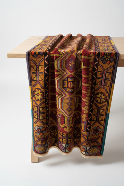 Handwoven Small Anatolian Turkish Rug - Draped on Table