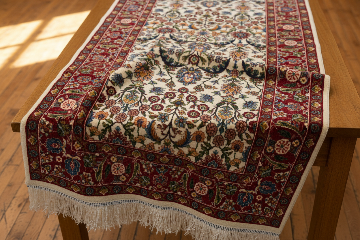 Hereke Silk Runner Rug - Orijinal Desenle Masa Üzerinde