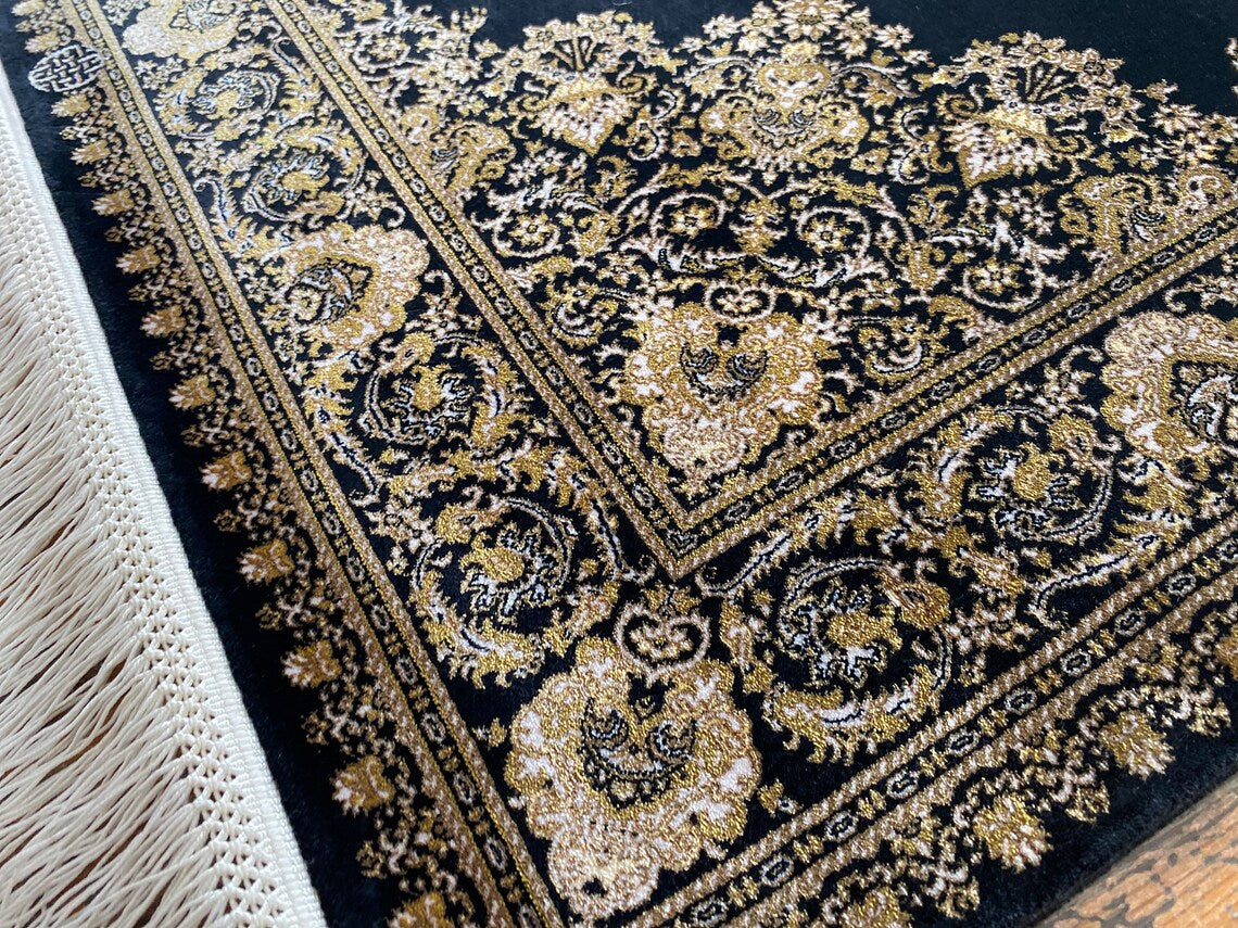 Alfombra de seda turca con medallón negro de 3 x 5 pies
