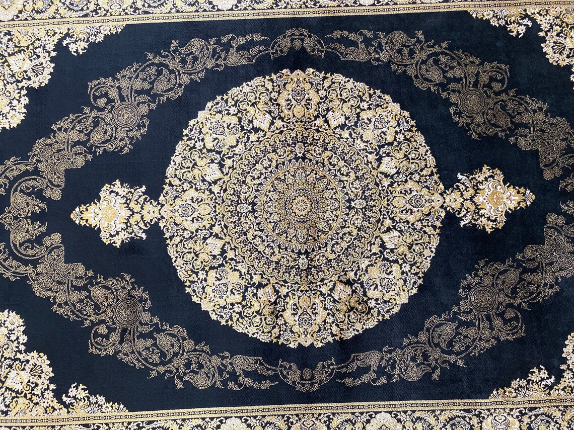 Black Medallion Turkish Silk Carpet  3x5ft