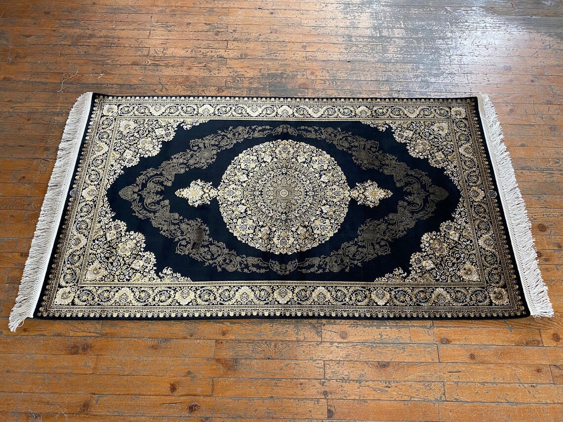 Black Medallion Turkish Silk Carpet  3x5ft
