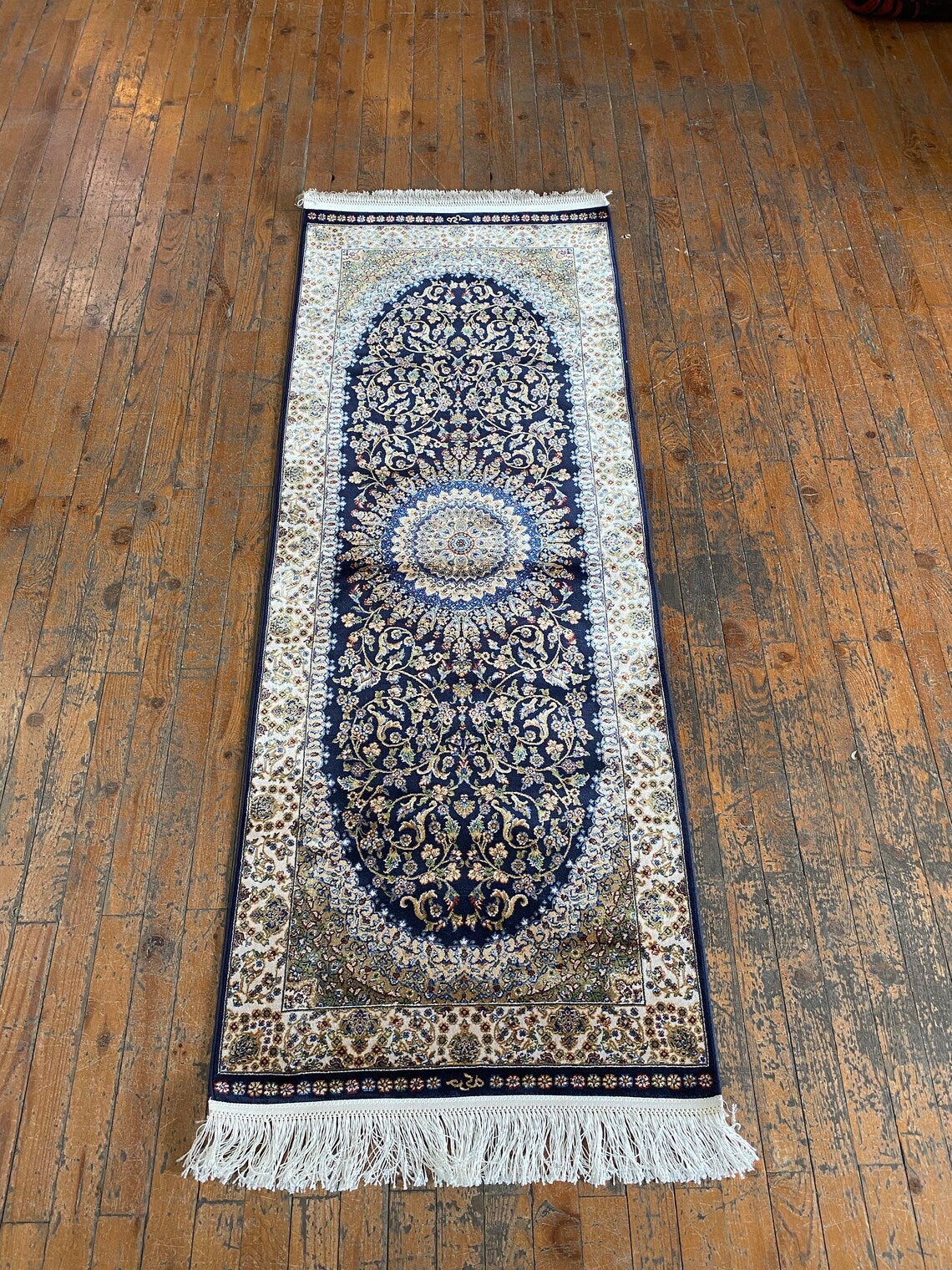 Alfombra tradicional turca de seda azul de 2 x 5 pies