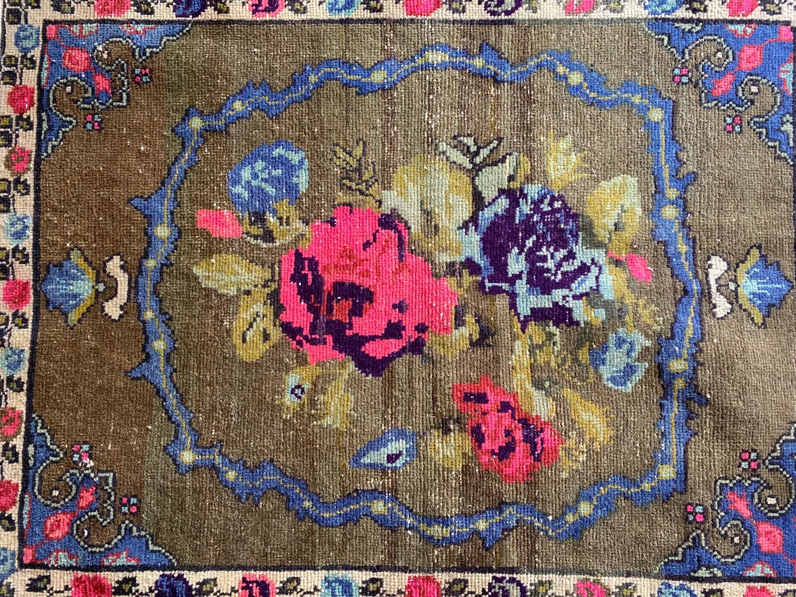 Floral Turkish Handmade Carpet 3x4ft - Wool Area Rug Cappadocia Rug Collection
