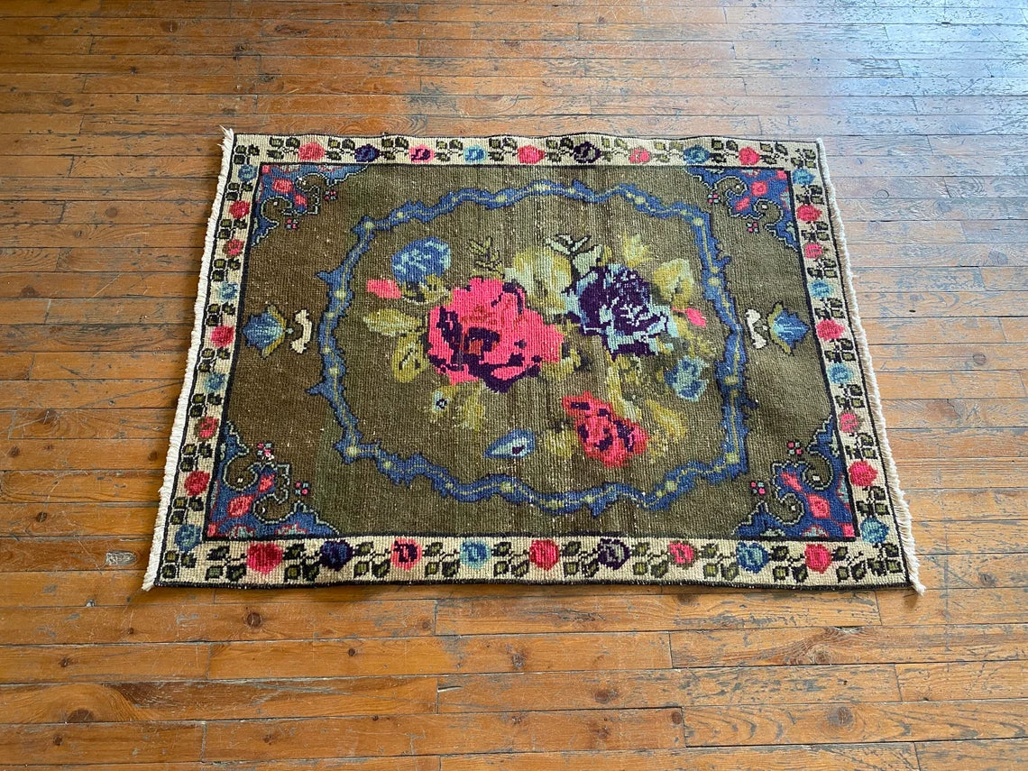 Floral Turkish Handmade Carpet 3x4ft - Wool Area Rug Cappadocia Rug Collection