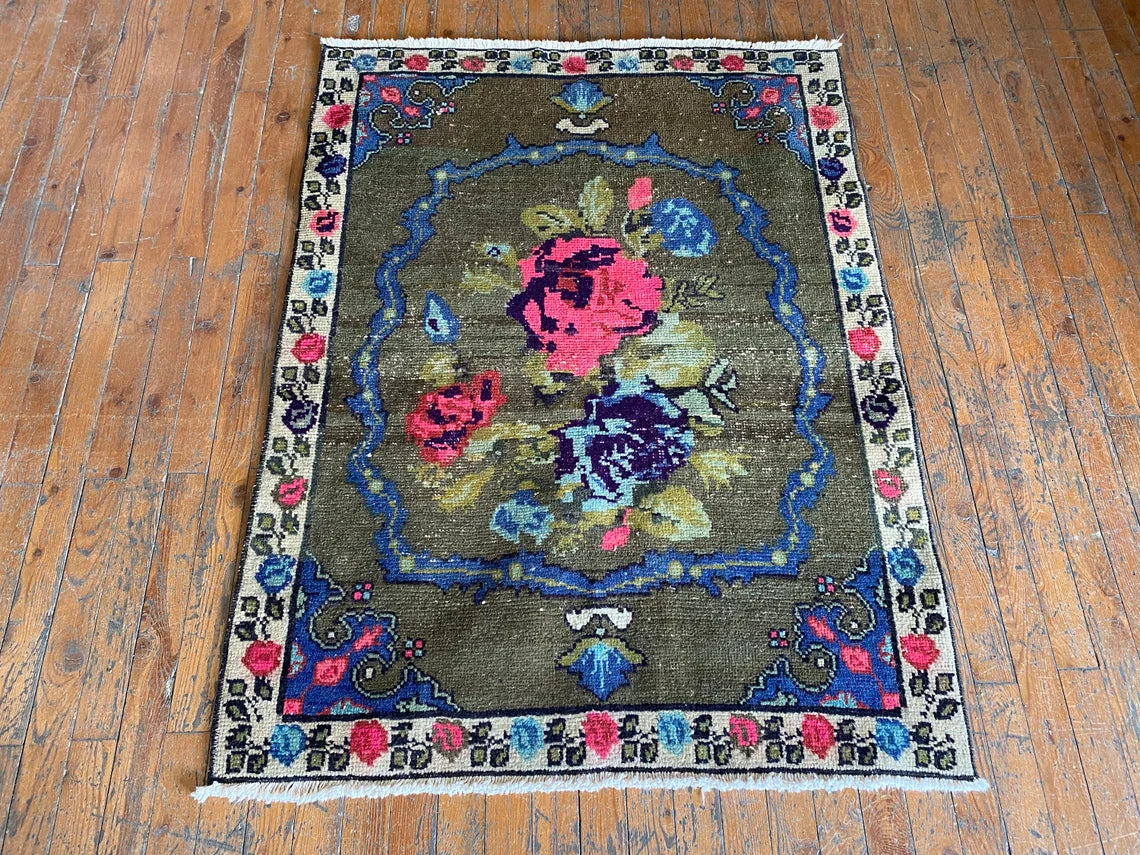 Floral Turkish Handmade Carpet 3x4ft - Wool Area Rug Cappadocia Rug Collection