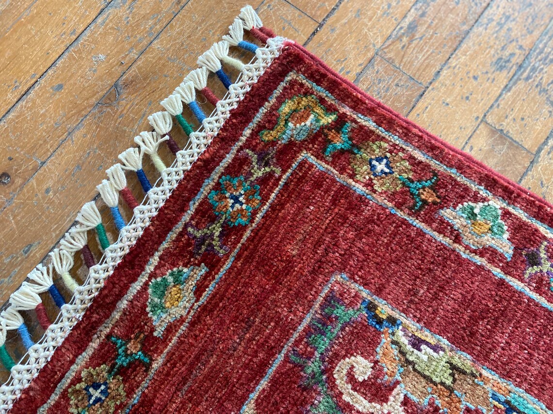 Red Floral 3x4ft Oushak Rug - Natural Dye Handmade Carpet Cappadocia Rug Collection