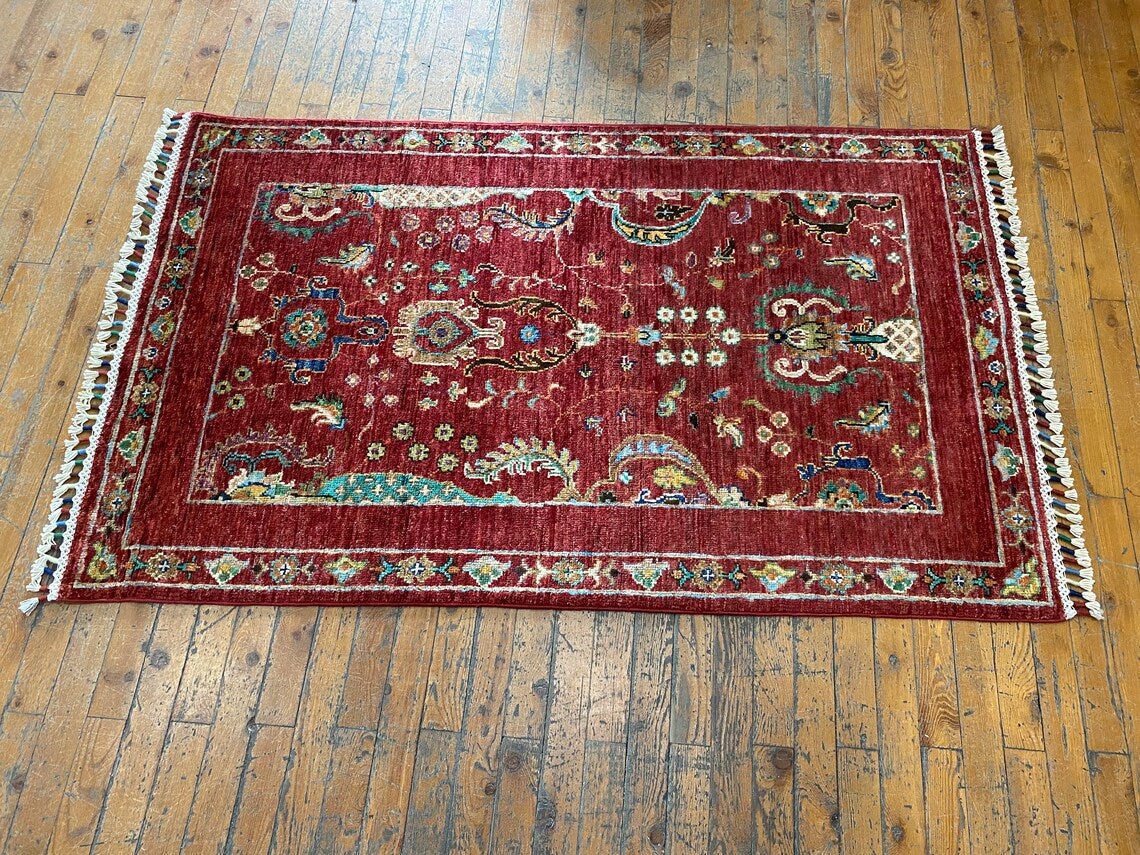 Red Floral 3x4ft Oushak Rug - Natural Dye Handmade Carpet Cappadocia Rug Collection