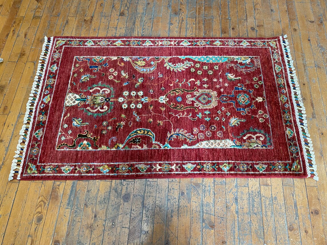 Red Floral 3x4ft Oushak Rug - Natural Dye Handmade Carpet Cappadocia Rug Collection