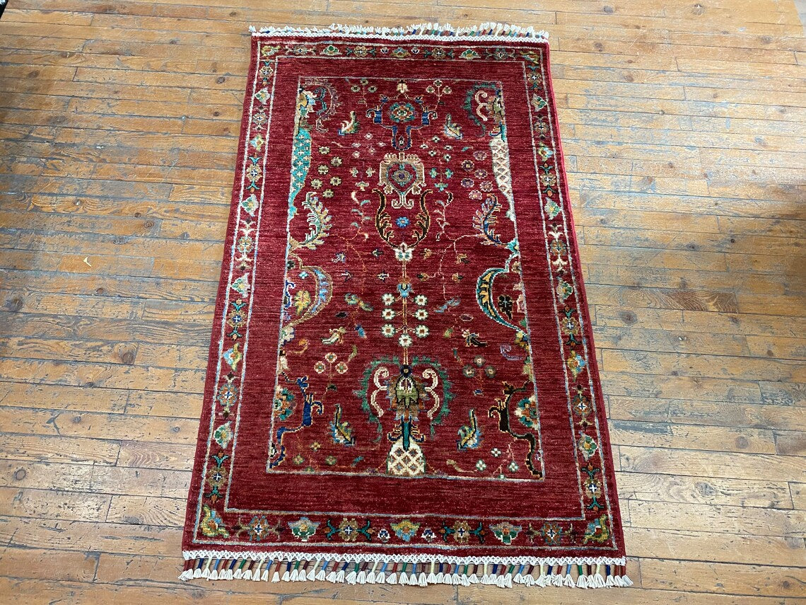 Red Floral 3x4ft Oushak Rug - Natural Dye Handmade Carpet Cappadocia Rug Collection