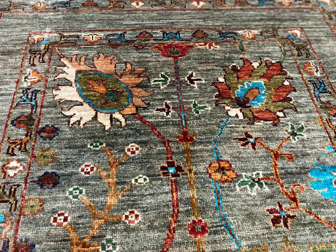 Green Floral 3x5ft Oushak Rug - Natural Dye Turkish Carpet Cappadocia Rug Collection