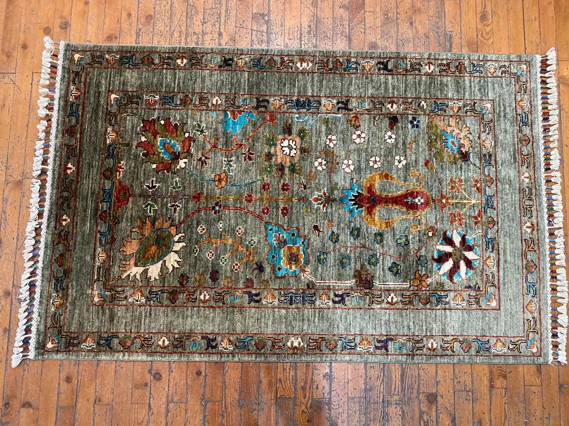 Green Floral 3x5ft Oushak Rug - Natural Dye Turkish Carpet Cappadocia Rug Collection