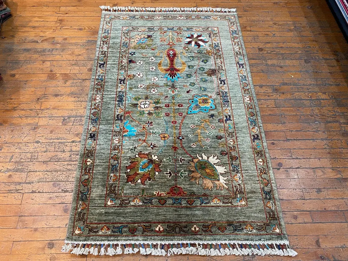Green Floral 3x5ft Oushak Rug - Natural Dye Turkish Carpet Cappadocia Rug Collection