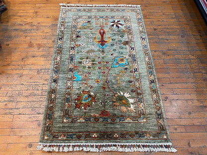 Green Floral 3x5ft Oushak Rug - Natural Dye Turkish Carpet Cappadocia Rug Collection