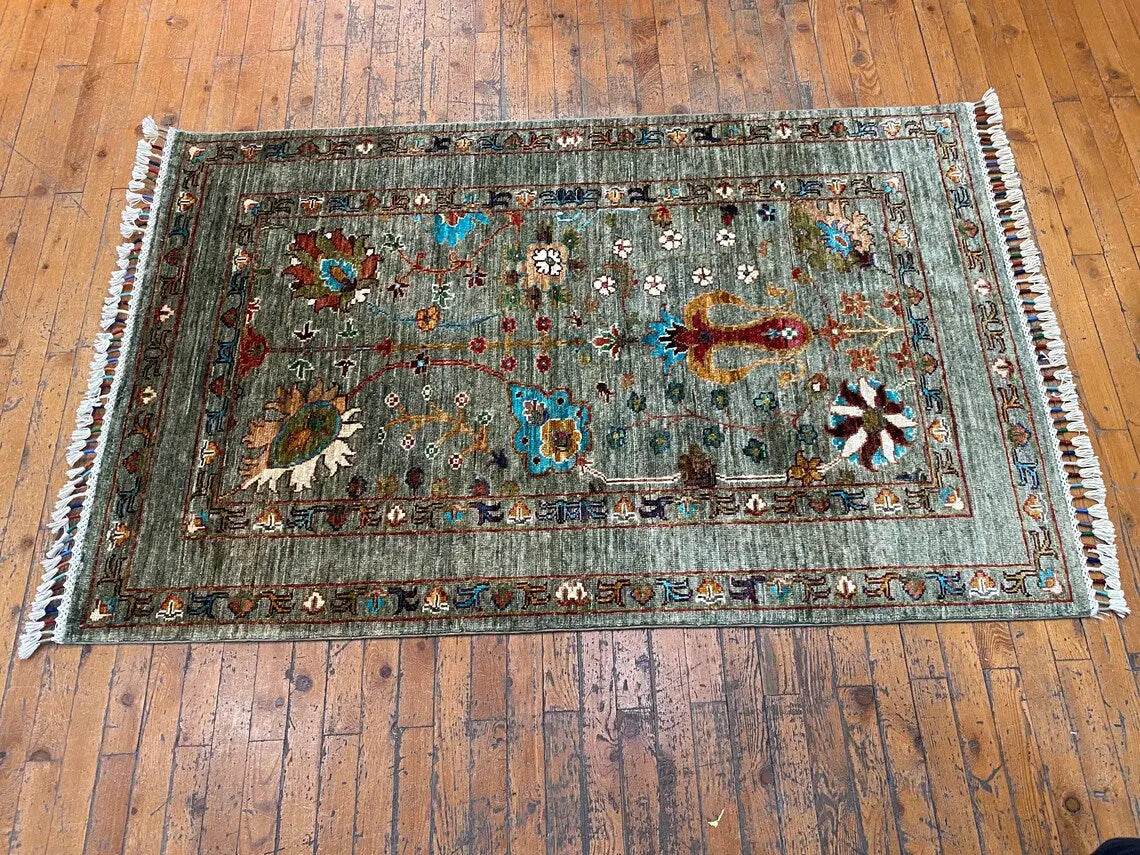 Green Floral 3x5ft Oushak Rug - Natural Dye Turkish Carpet Cappadocia Rug Collection