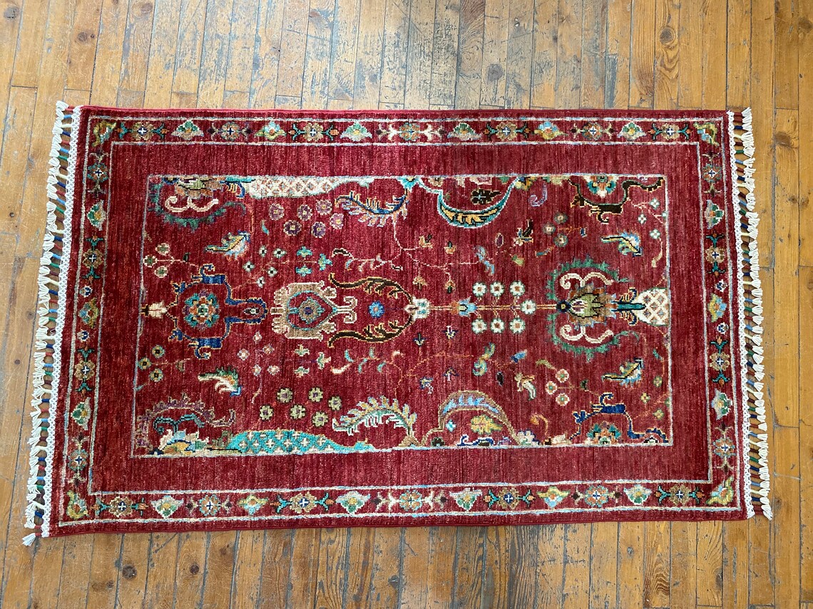 Red Floral 3x4ft Oushak Rug - Natural Dye Handmade Carpet Cappadocia Rug Collection