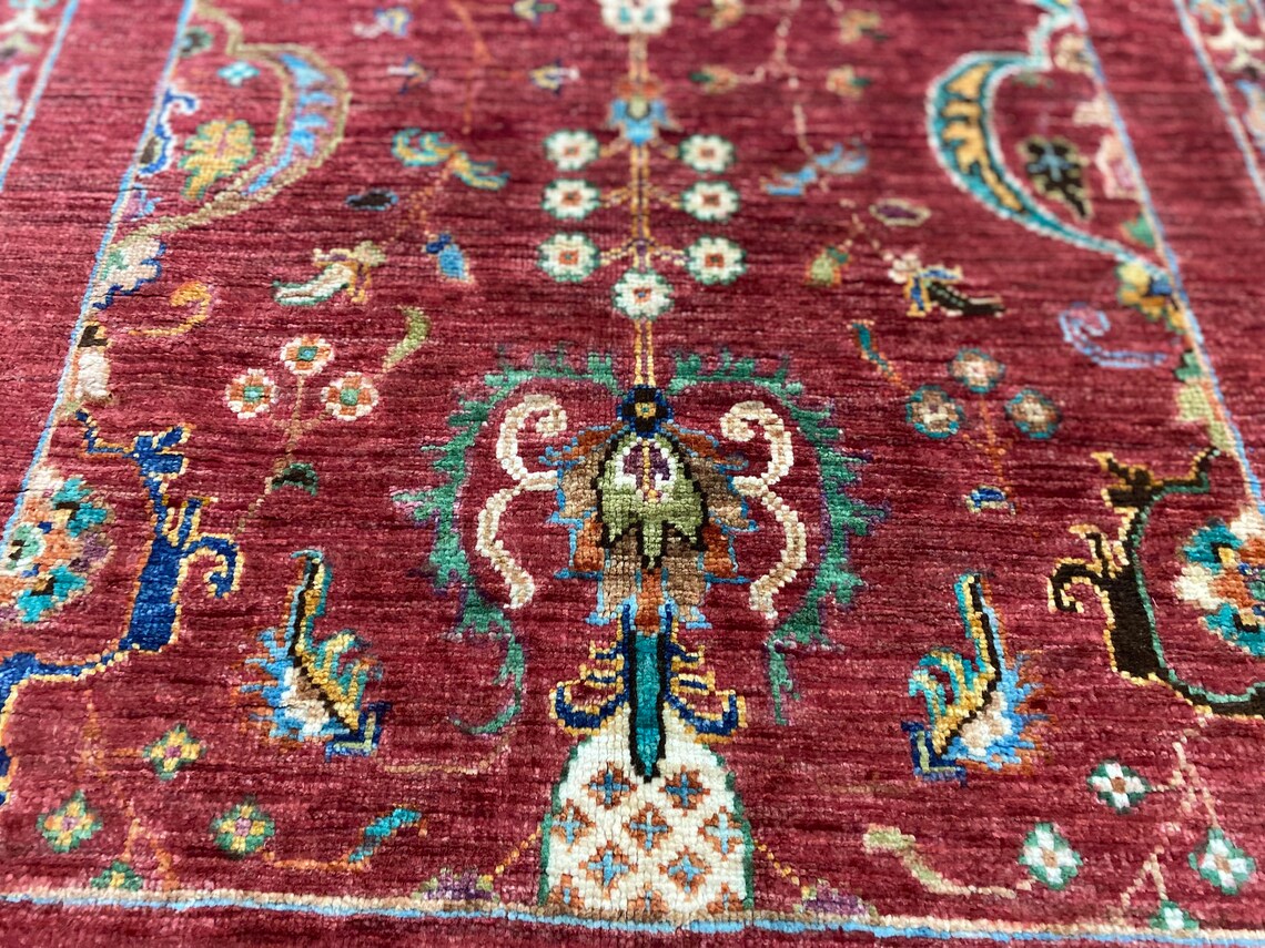 Red Floral 3x4ft Oushak Rug - Natural Dye Handmade Carpet Cappadocia Rug Collection
