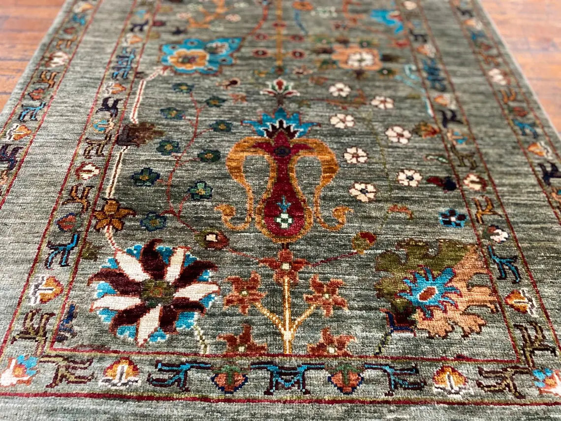 Green Floral 3x5ft Oushak Rug - Natural Dye Turkish Carpet Cappadocia Rug Collection