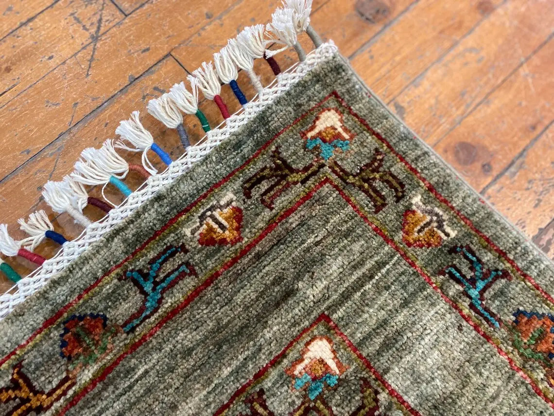 Green Floral 3x5ft Oushak Rug - Natural Dye Turkish Carpet Cappadocia Rug Collection